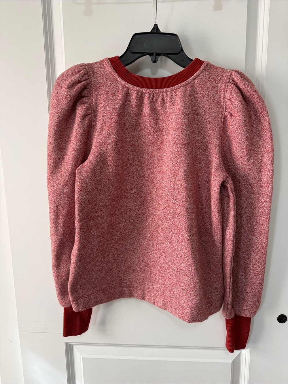 LOFT Heathered Rose Pink Puff-Sleeve Crewneck Sweater with Crimson Trim